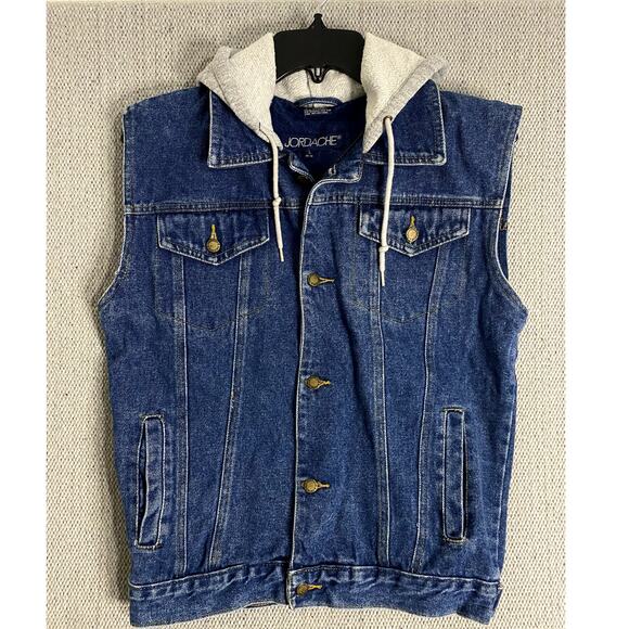 Jordache Hooded Denim Vest Womens L Blue Jean Button Up Pockets Y2K Street Biker - Picture 3 of 12